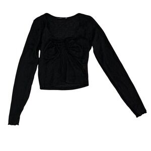 H+H by Heart Hips Black Pointelle Ruched Sweetheart Crop Top Long Sleeve Medium